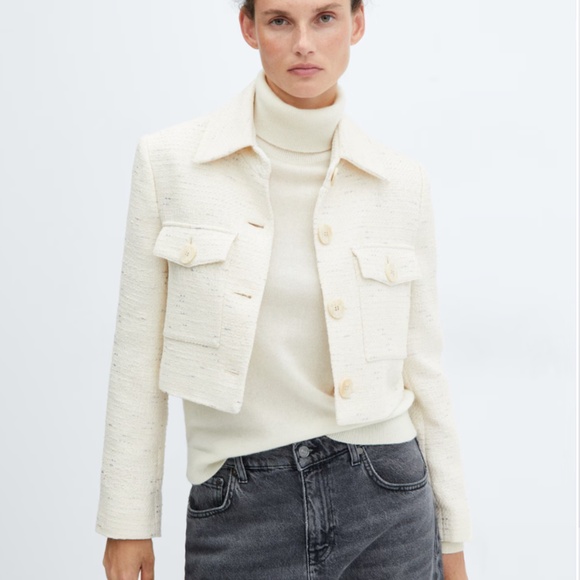 Cropped Tweed with pockets Elegant Cream Women's Jacket - Picture 1 of 6